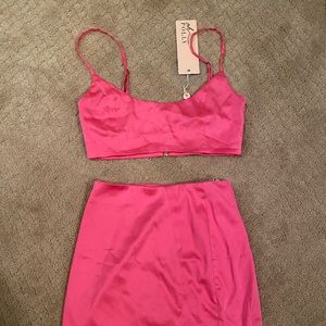 Pink satin tank and skirt set